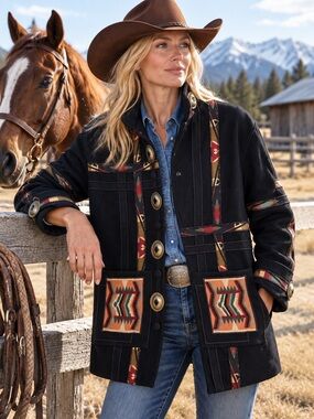 Vintage 90’s Rare Coloratura black wool Southwestern coat ornate conch women’s L